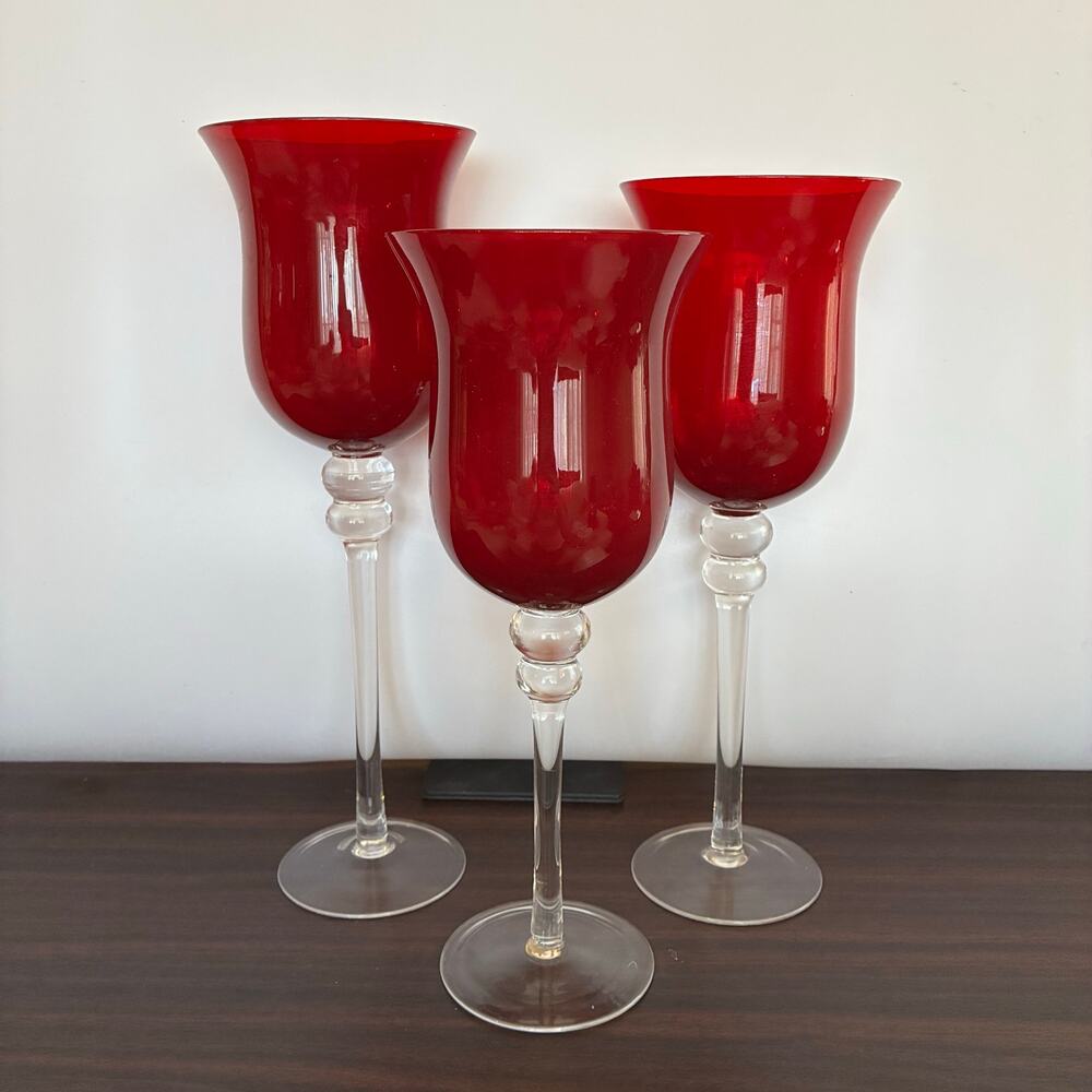 Ruby Red Glass Trumpet Candle Holders Set 3 Tall Stemmed Votive Hurricane Decor